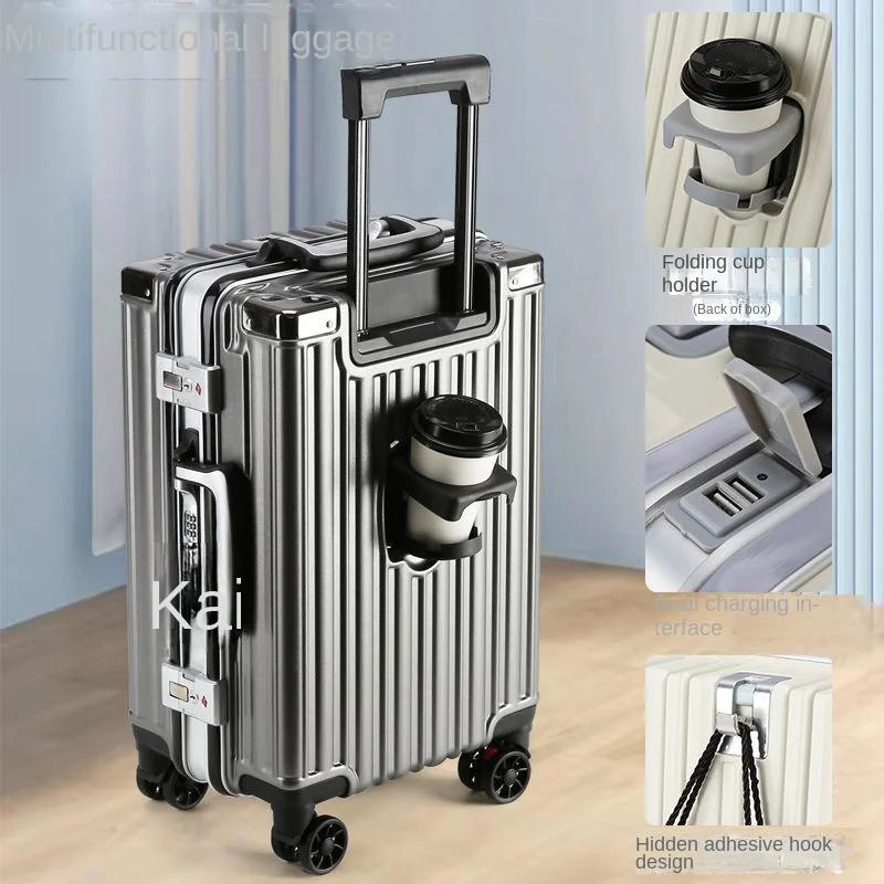 Aluminium Frame Koffer Pull Bar Bagage Met Bekerhouder Pc Koffers Op Wielen Usb Poort Instappen Trolley Case 20/28/30 Inch