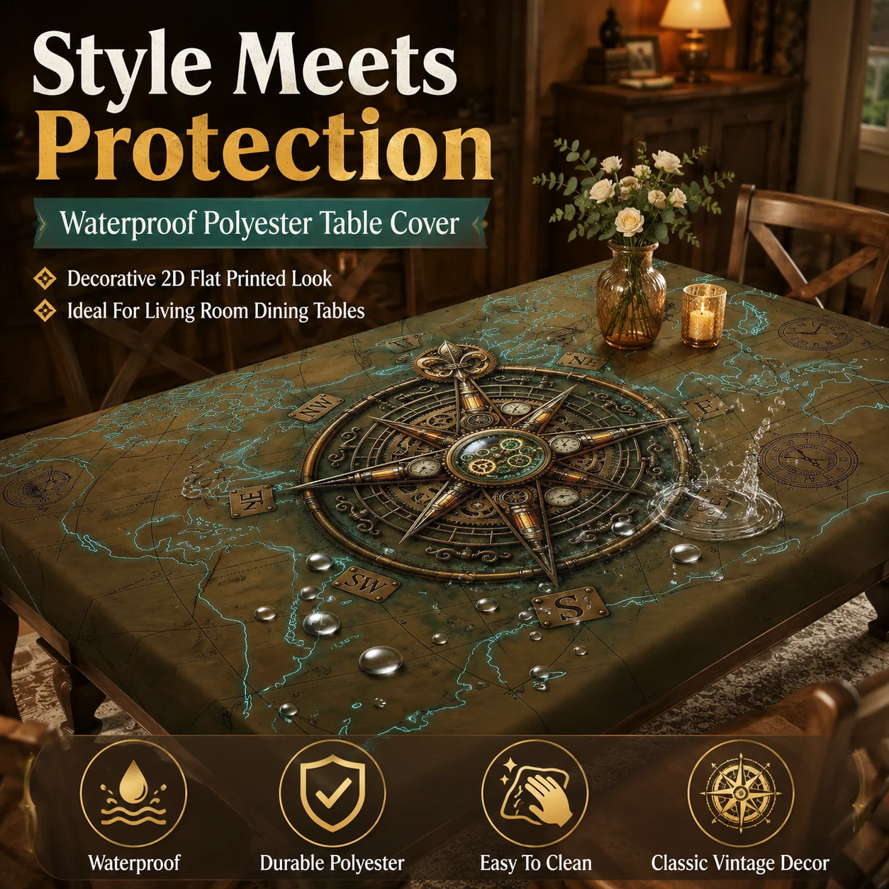 Retro World Map Tablecloth Waterproof Polyester Spillproof Table Cover For Home Party Picnic Blanket Camping Table Cloth