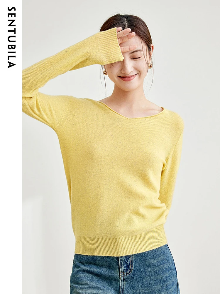 SENTUBILA 92.5% Wool Blend Base Knit Tops for Women 2024 Autumn Winter V-neck Stretch Long Sleeve Pullover Sweaters Knitwears