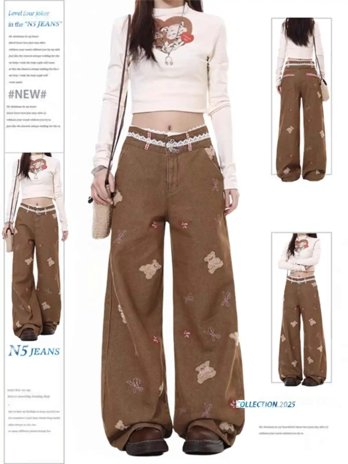 

Khaki Color Womens Jeans High Waist Vintage Straight Baggy Pants Cargo Design Sense Streetwear American Wide Leg Denim Trouse