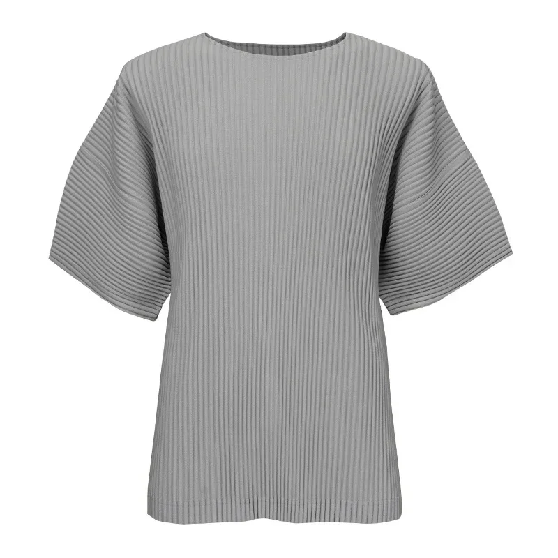 Miyake Pleated T-shirt 2025 Spring Summer Men's Casual T-shirt Tide Wear Peplum Short-sleeved Solid Colour Casual Loose Tops
