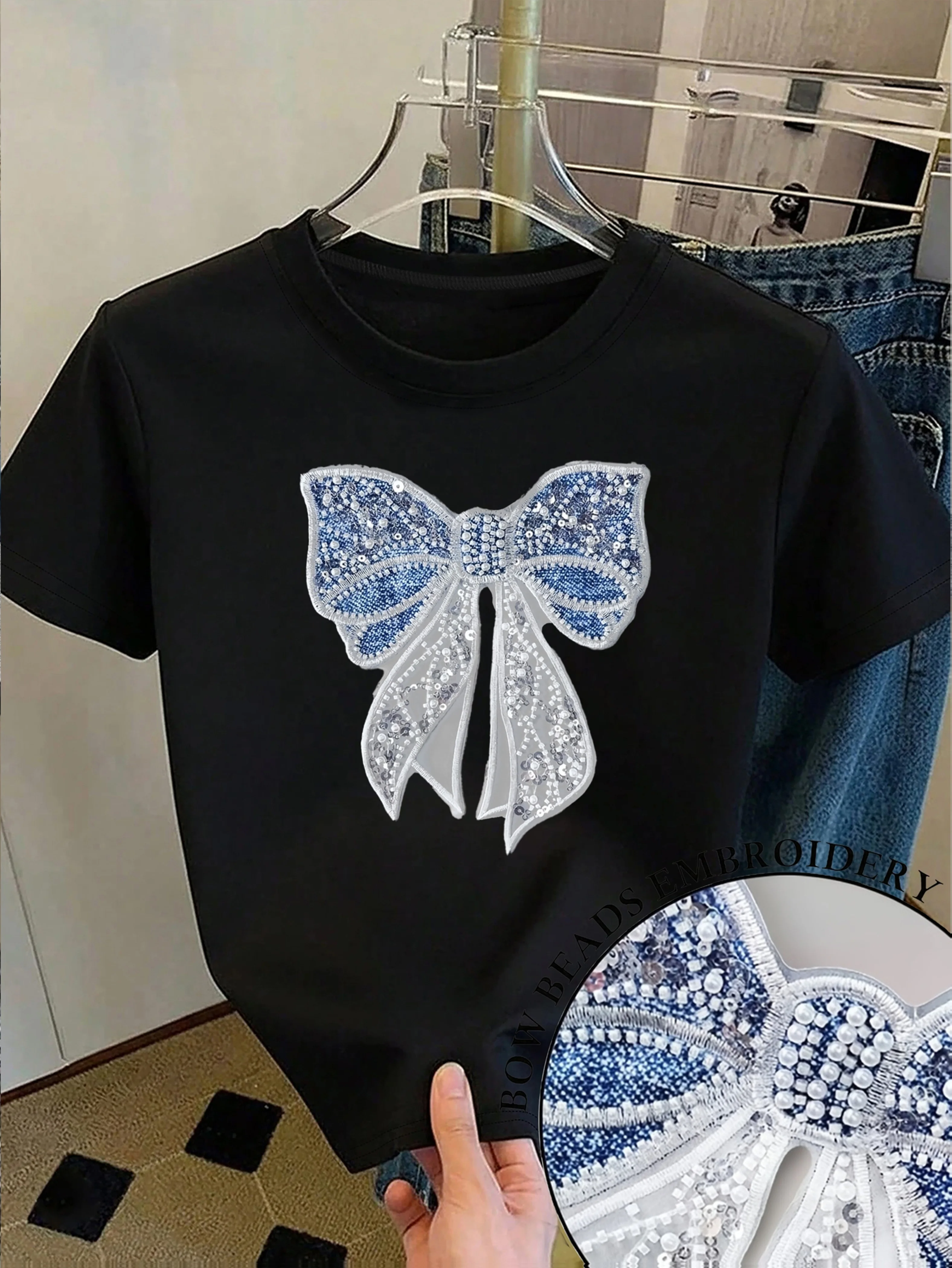 Women'S Fashion Spring Summer New Women'S Clothing Niche Design Sense Sweet Age Reducing Sweet Sequin Pearl Bow Loose Casual Top