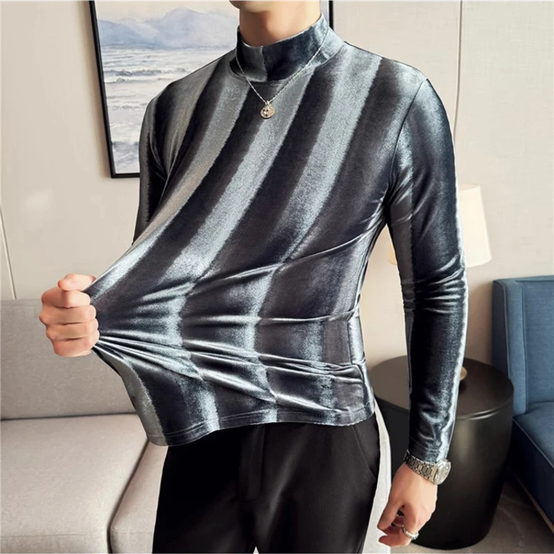 Fashion Striped Golden Velvet Slim-fit Stretch Men's Base Layer, Youth Semi-turtleneck Warm T-shirt. M-4XL