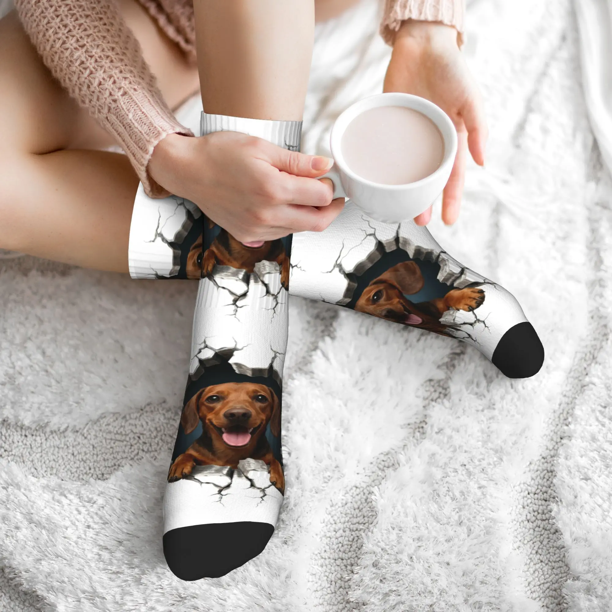Funny Printed Breaking Through Dachshund Dog Socks for Men Women Stretchy Summer Autumn Winter  Crew Socks view 6