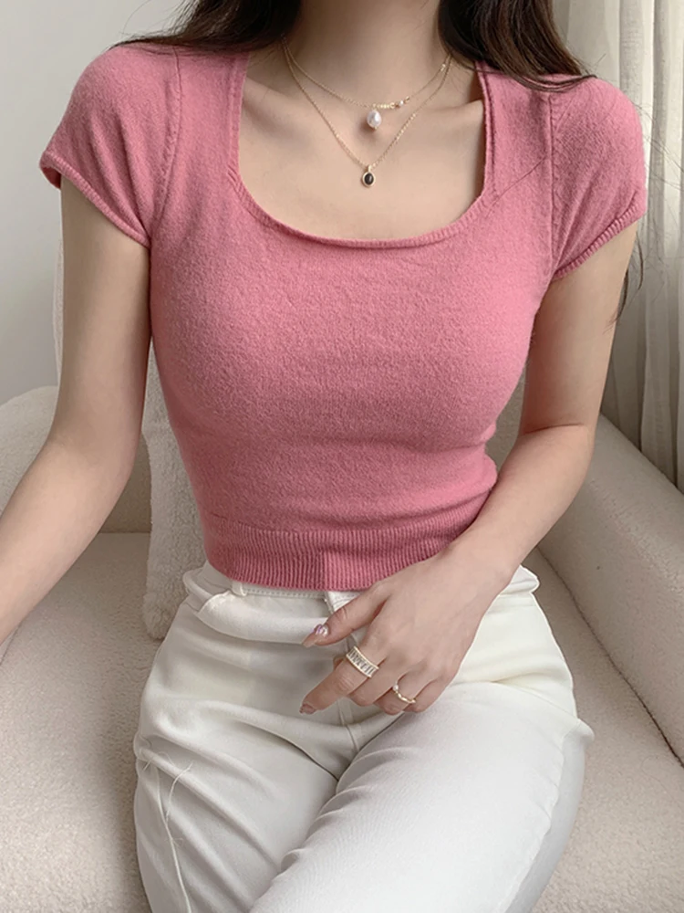 Summer Slim T Shirt Women Croped Short Sleeve Tee Shirts Femme Square Collar Solid Tops Tshirts T-shirt for Female 2024