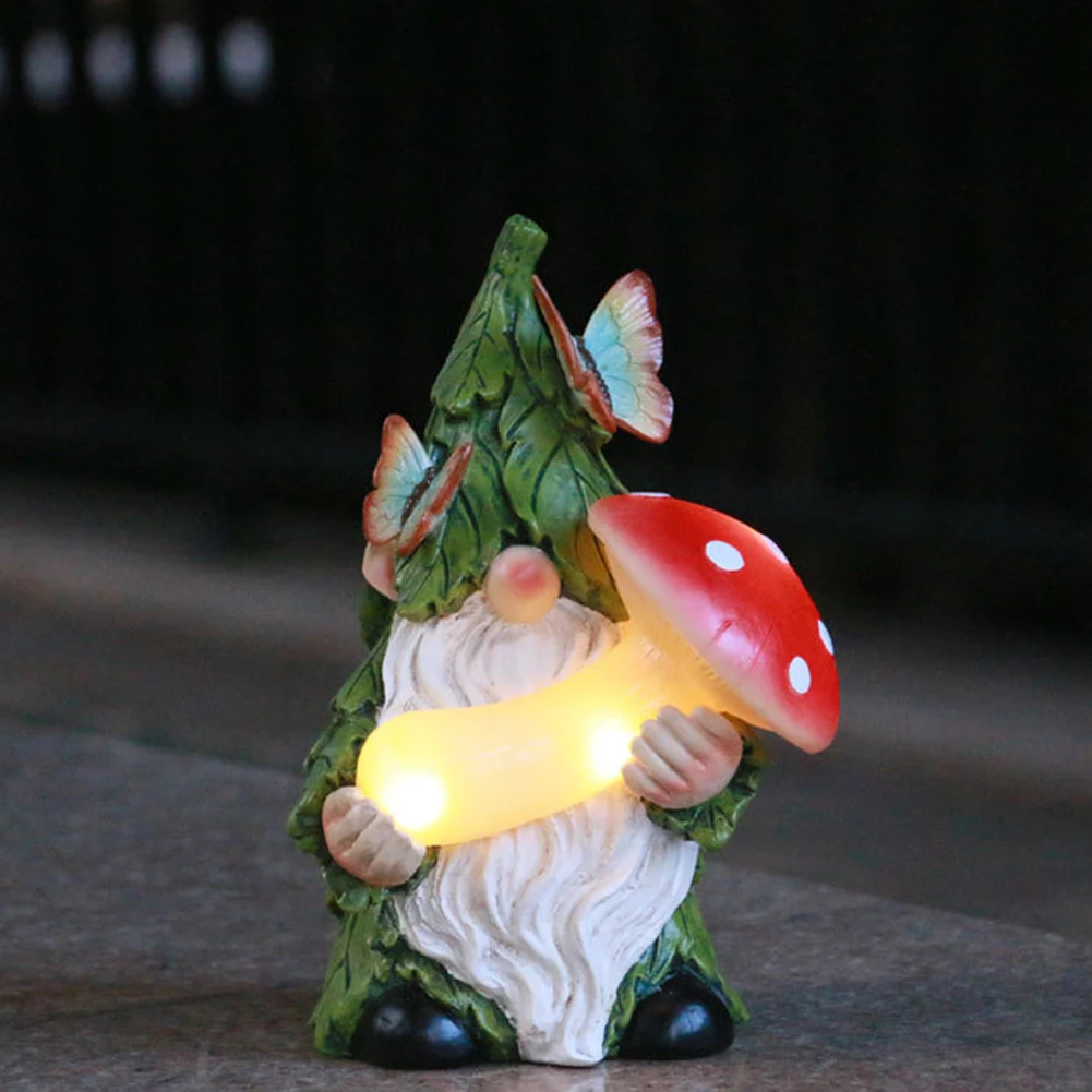 Garden Gnome Statue with Mushroom Solar Light Gnome Figurine Gnome Garden Statue for Patio Yard Lawn Porch Outdoor Decor