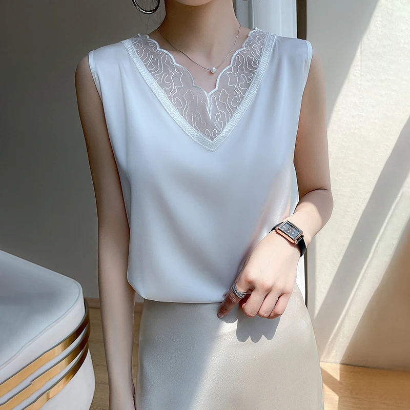 2023 Spring/Summer New Strap Women's Lace Tank Top Acetic Acid Material Top Bottom Solid Sleeveless