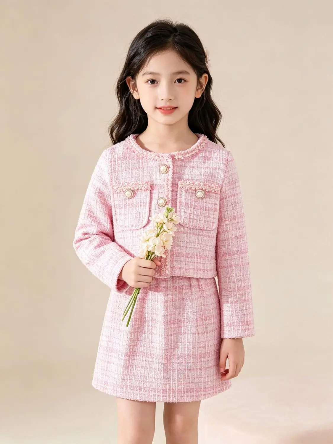 Spring and Autumn Girls' Set New Children's Sweet Pink Round Neck Coat+Skirt Fashion Two piece Set