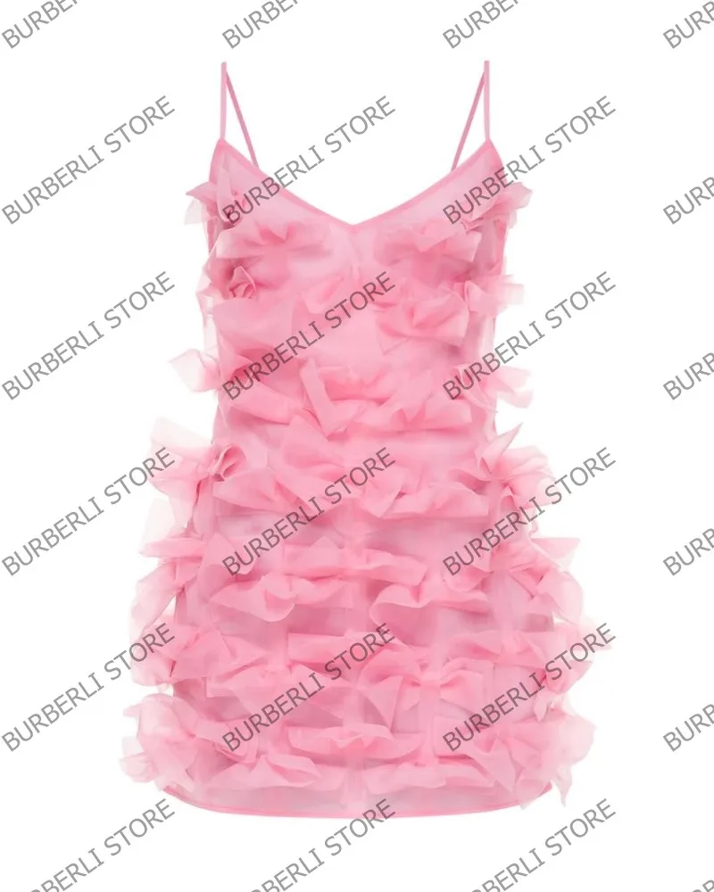 Fashion Pink Bow Mini Women Summer Dresses Sexy Backless Organza Short Party Gowns Cute Girls Spaghetti Strap Mesh Prom Dress