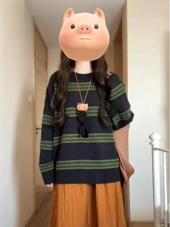 

Korean Sle Striped Color Blo Women's Sweater Autumn Winter Loose Soft Cozy Inner Wear Knitted Top Girls round Ne Long S...