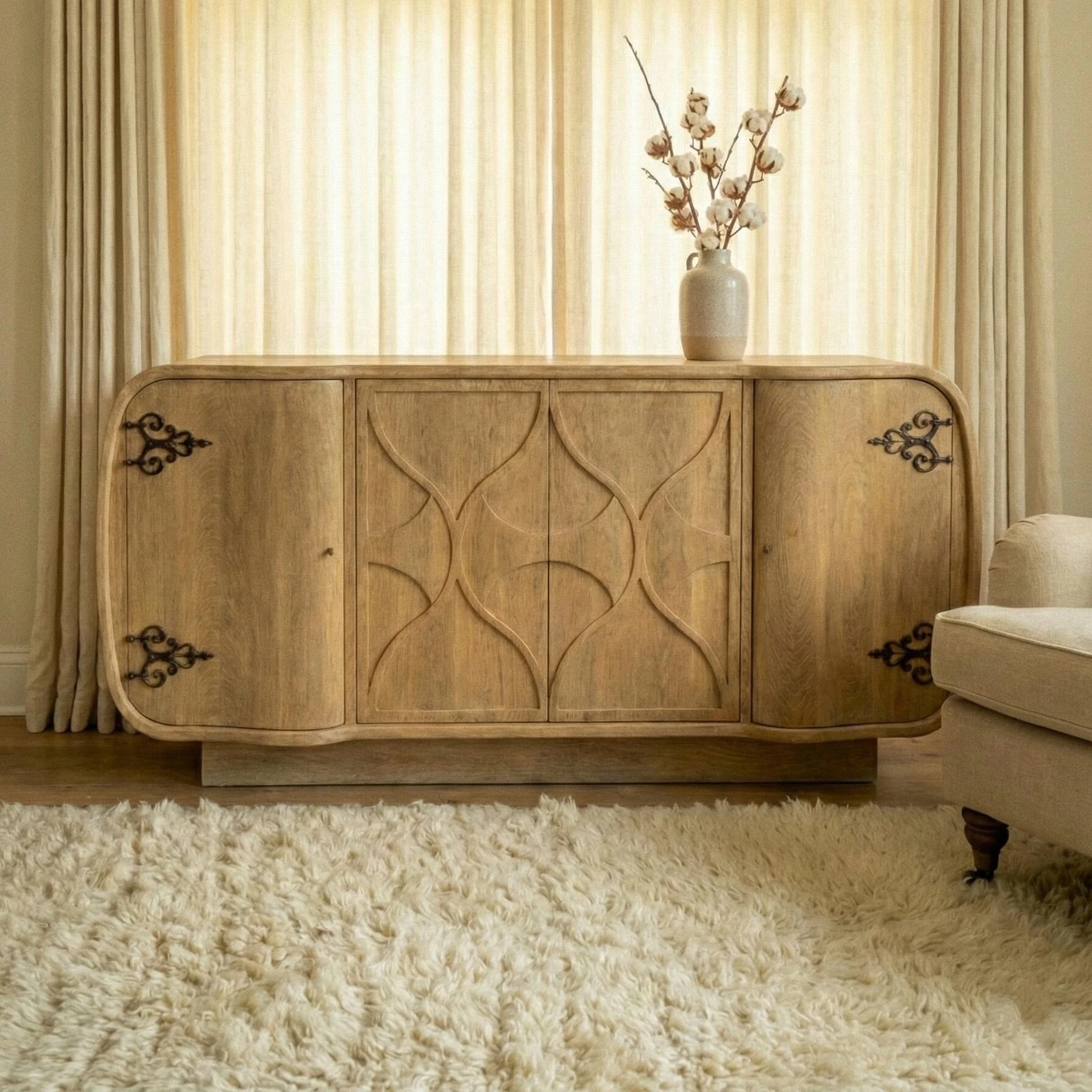 tl-French Retro Solid Wood High-Level Silent Wind Sideboard with Niche Design for Living Room and Porch Storage-