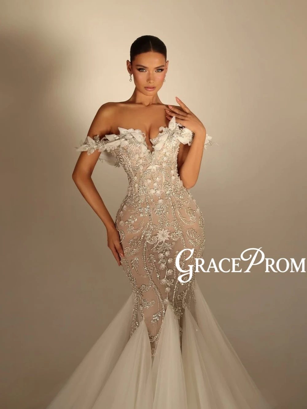 Unique Off Shoulder Mermaid Bridal Gown Exquisite Beading 3D Floral Details & Flowing Tulle Skirt Luxury Dreamy Wedding Dress