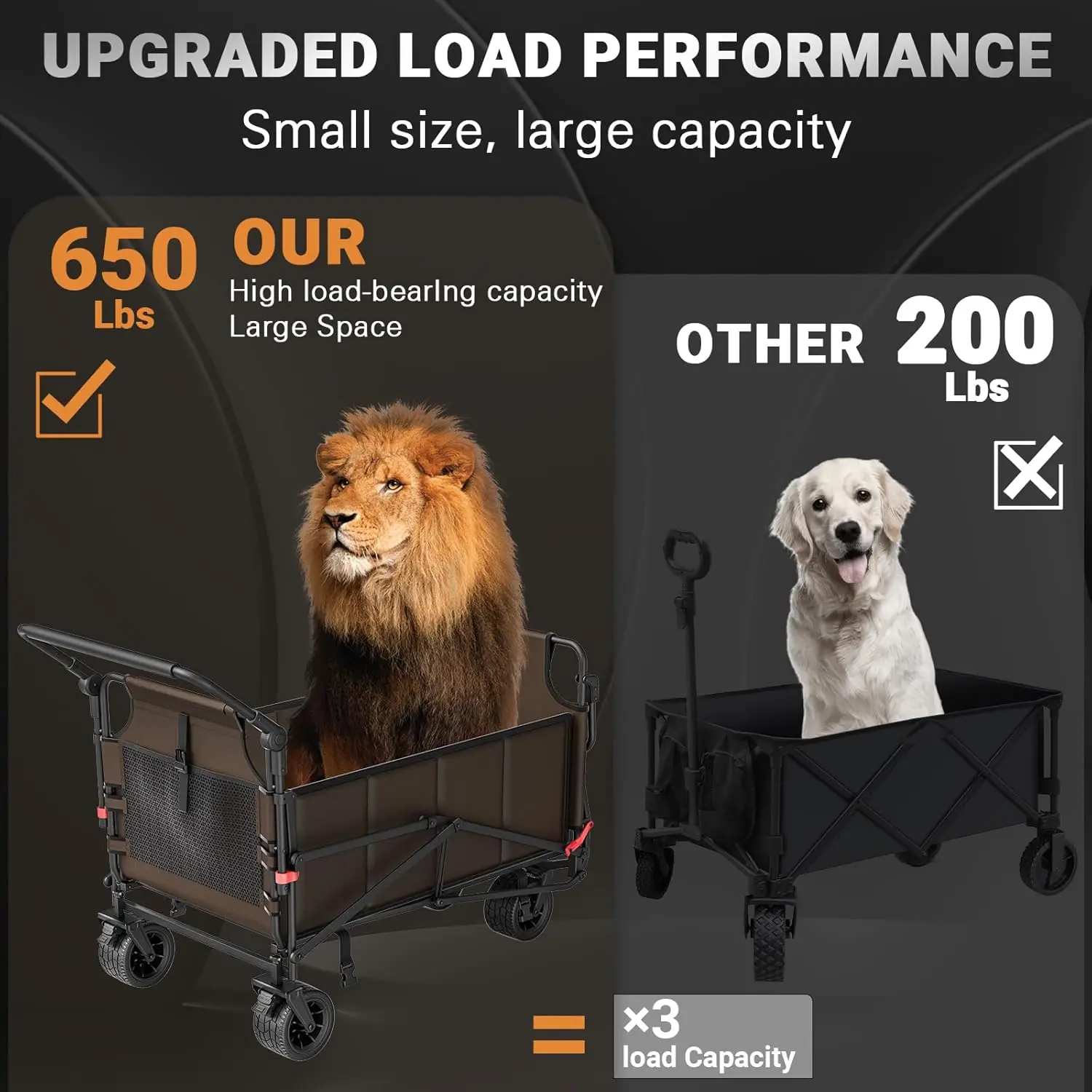 عربة قابلة للطي شديدة التحمل - عربة قابلة للطي 2 في 1، سعة 650 رطل، عجلات لجميع التضاريس مع دعامات وجيوب جانبية (بني) تخفيضات كبيرة