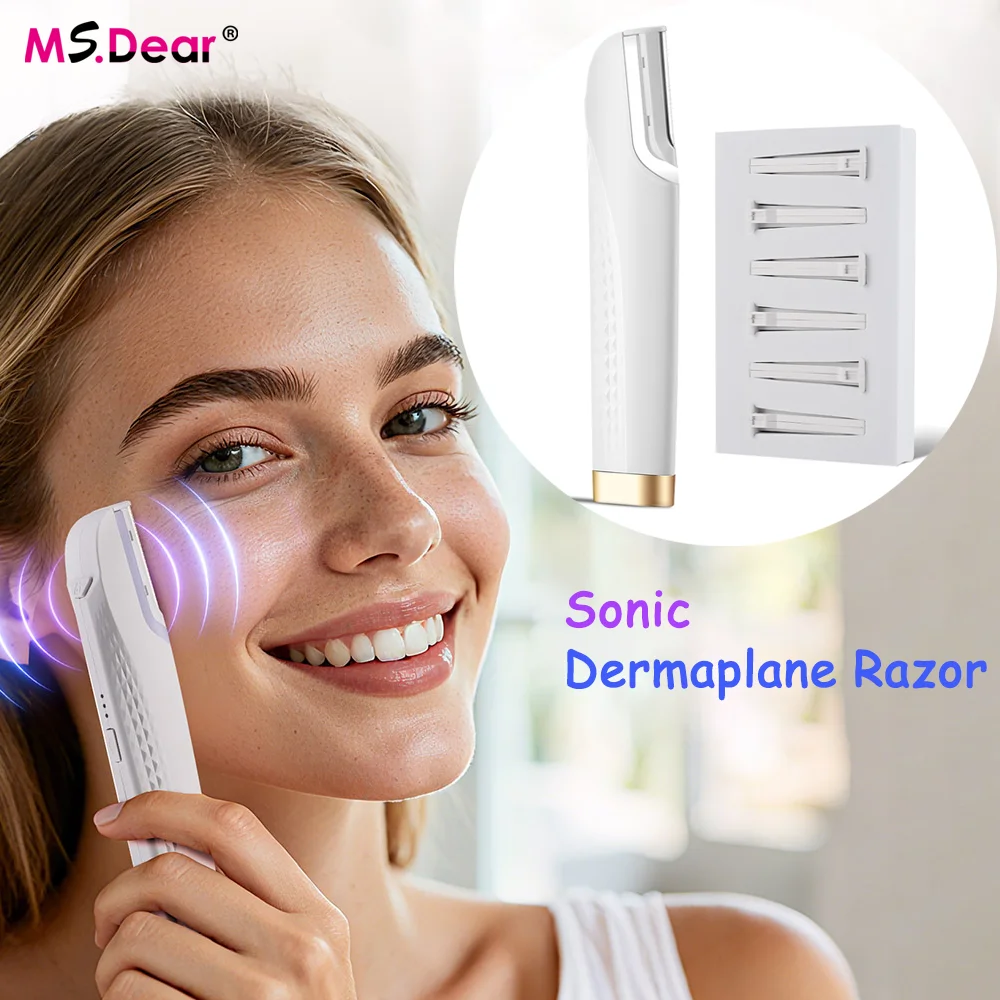 Sonic wiederaufladbarer Dermaplaning-Rasierer für Damen mit Licht, 6 austauschbaren Klingen, Gesichtspeeling, Haar- und Flusenentfernungswerkzeug