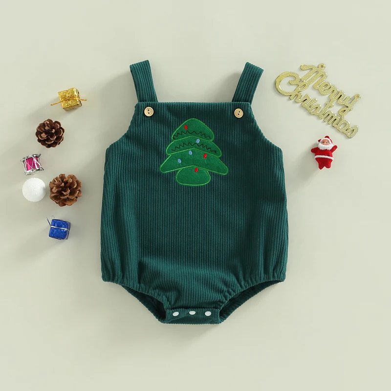 Newborn Baby Girl Boy Christmas Outfit Santa Claus/Tree/Elk Embroidery Overall Romper Corduroy Bodysuit Jumpsuit Outfit