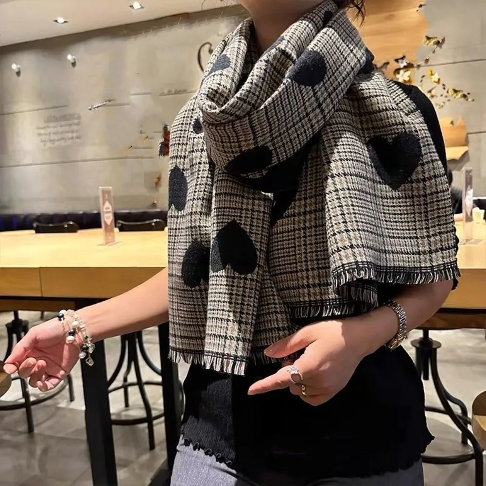 Large Acrylic Fibers Heart Knitted Scarf Warmer Tartans Printed Double-sided Scarf Soft Hijab Long Thickened Shawl Women