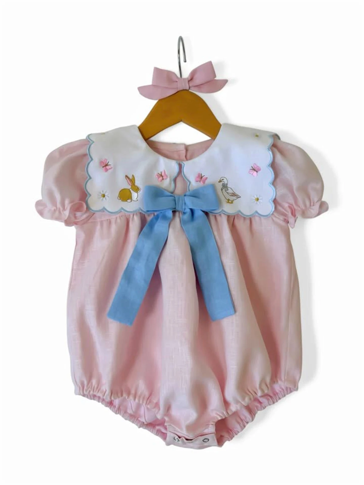 

Summer Girl Cute Rabbit Duck Embroidered Square Neck Blue Bow Pink Romper for Casual Party Birthday Wedding Photography
