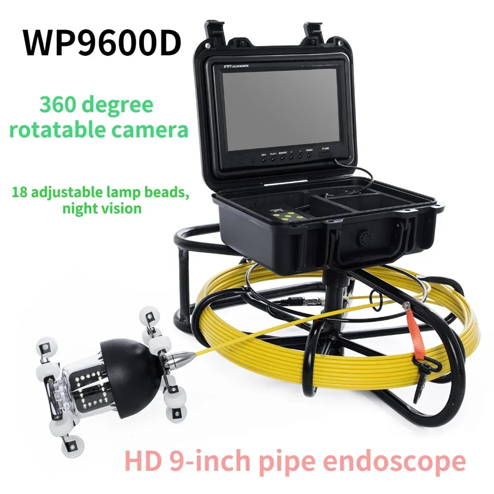WP9600D Pipeline Endoscope Camera 9 inch LCD 18 adjustable LED lights 360 Degree Rotation With Sliding Wheels 20/30/50M Cable