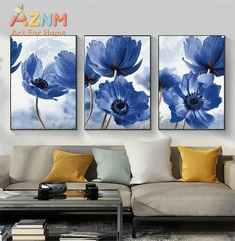 Floral Botanical Canvas Print Abstract Blue Flower Plant Poster Nordic Style Wall Art Painting Scandinavian Decoration Pictur