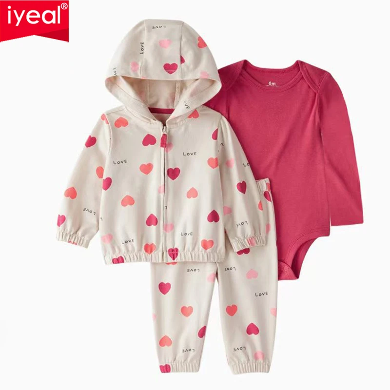 IYEAL 3Pcs Baby Cotton Dinosaur Outfit Set Hooded Zip Sweatshirt + Bodysuit + Pants Toddler Boys Girls Casual Clothing Set