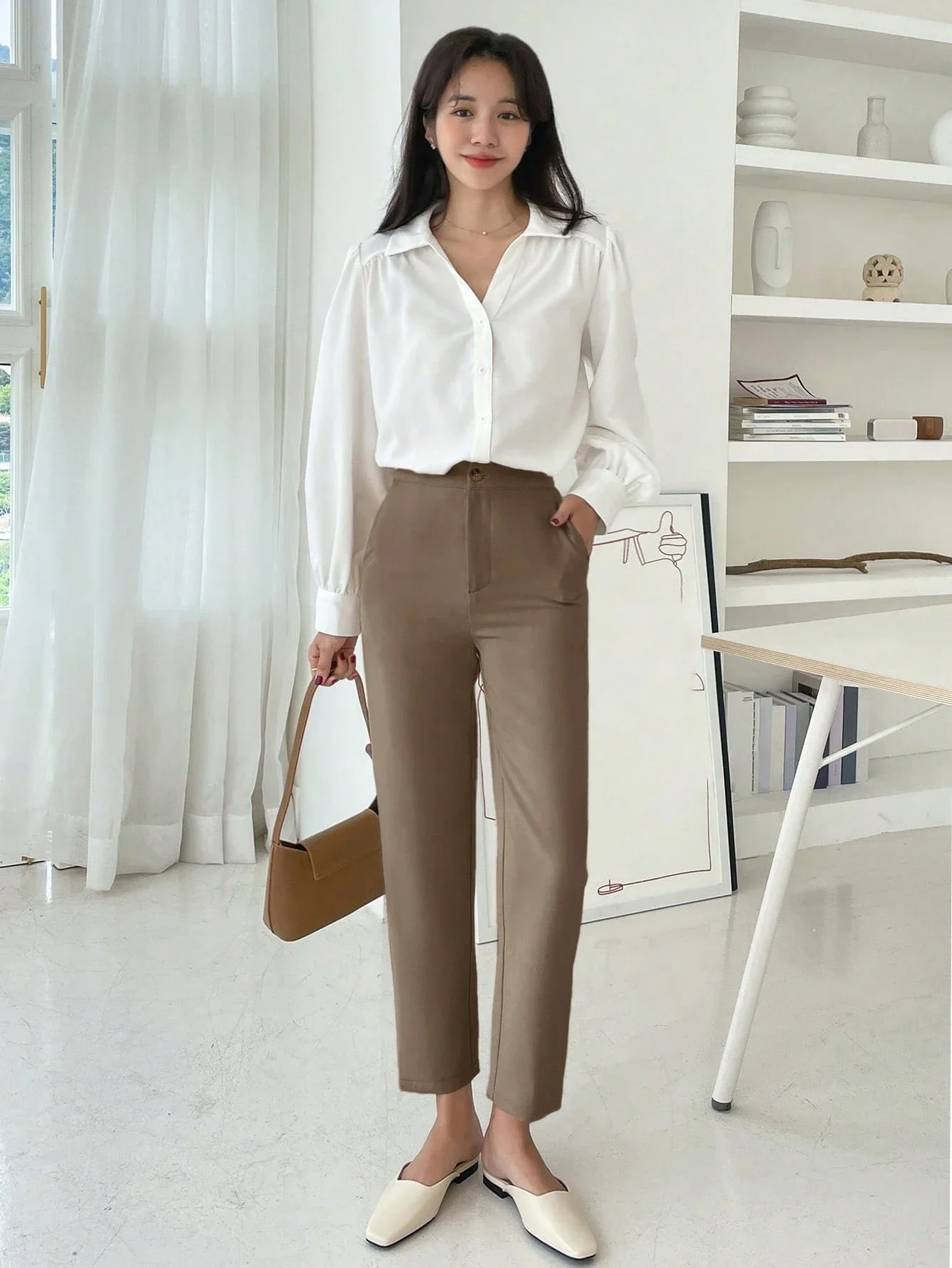 

Solid Color Tapered Regular Fit Business Casual Dress Pants For Women