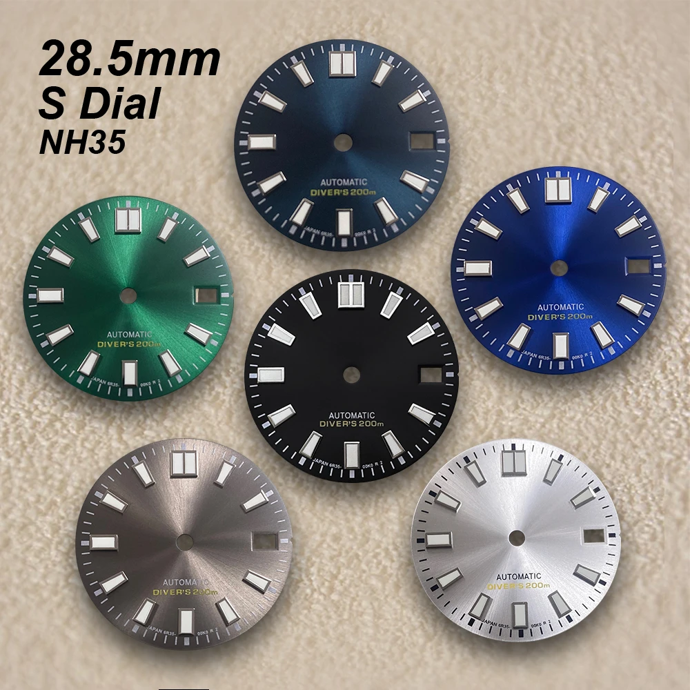 28.5mm Sunburst S Dial Suitable for NH35/36/7S/4R Automatic Movement Strong Green Luminous Diving Watch Modification Accessories