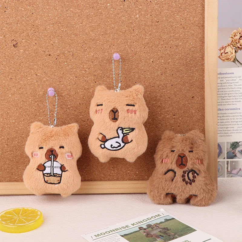 Squeaking Capibara Plush Pendant Cartoon Milk Tea Capybara Soft Stuffed Doll Keychain Car Key Ring Backpack Bag Decor Gift