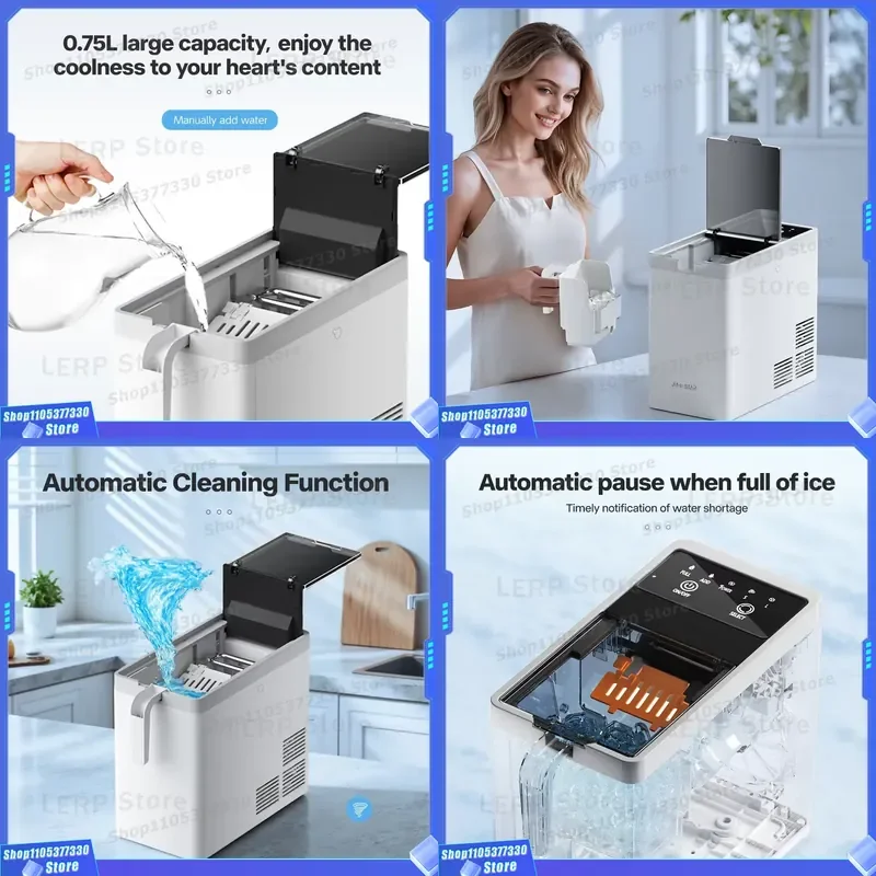Portable Home Ice Maker 10kg/24Hrs Auto-Clear Bullet Ice Machine Transparent Visual Push Button Fast Ice Making