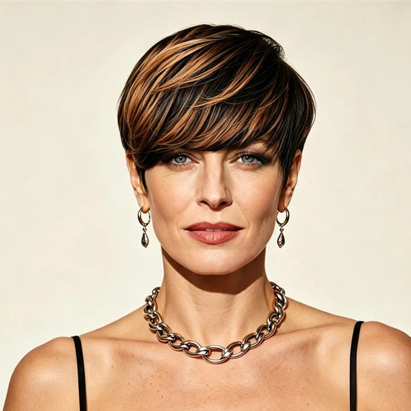 

Short Pixie Cut Human Hair Wig Full Machine Made With Bangs Soft Smooth For Women Daily Use Breathable Easy Wear Family Party