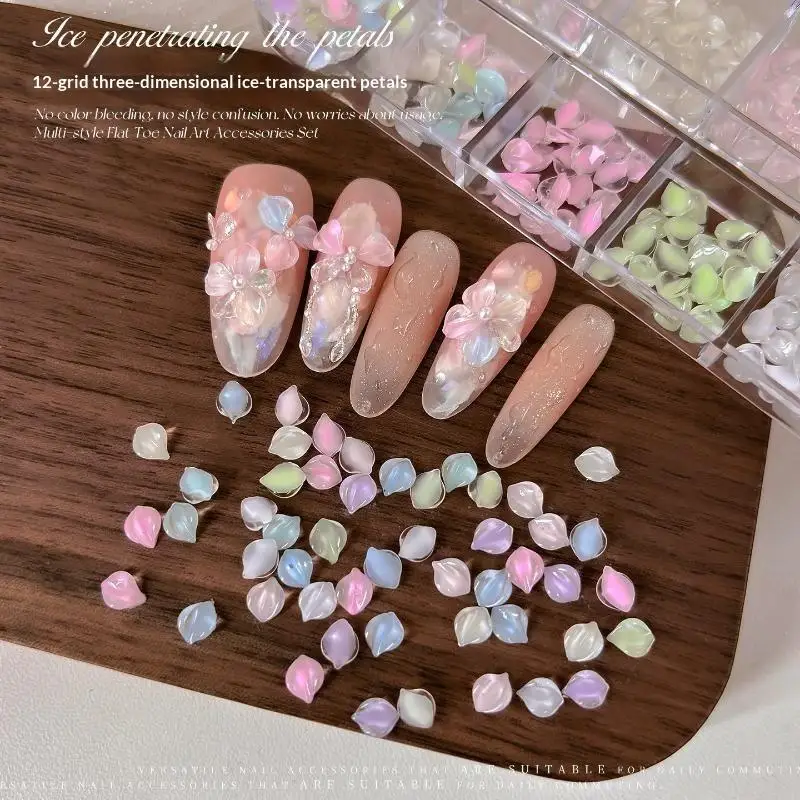 12Grid Box 3D Ice Through Ice Flower Petals Nail Charms Summer Colored Non Carving Dopamine Five Petals Flower Rhinestones