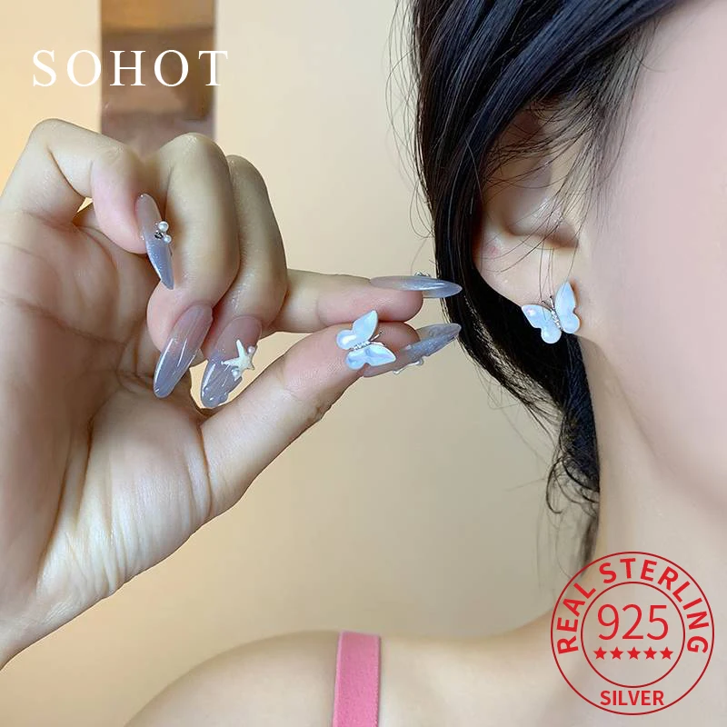 

Real 925 Sterling Silver Shell Butterfly Mini Stud Earrings for Charm Women Cute Fine Jewelry Light Luxury Accessories