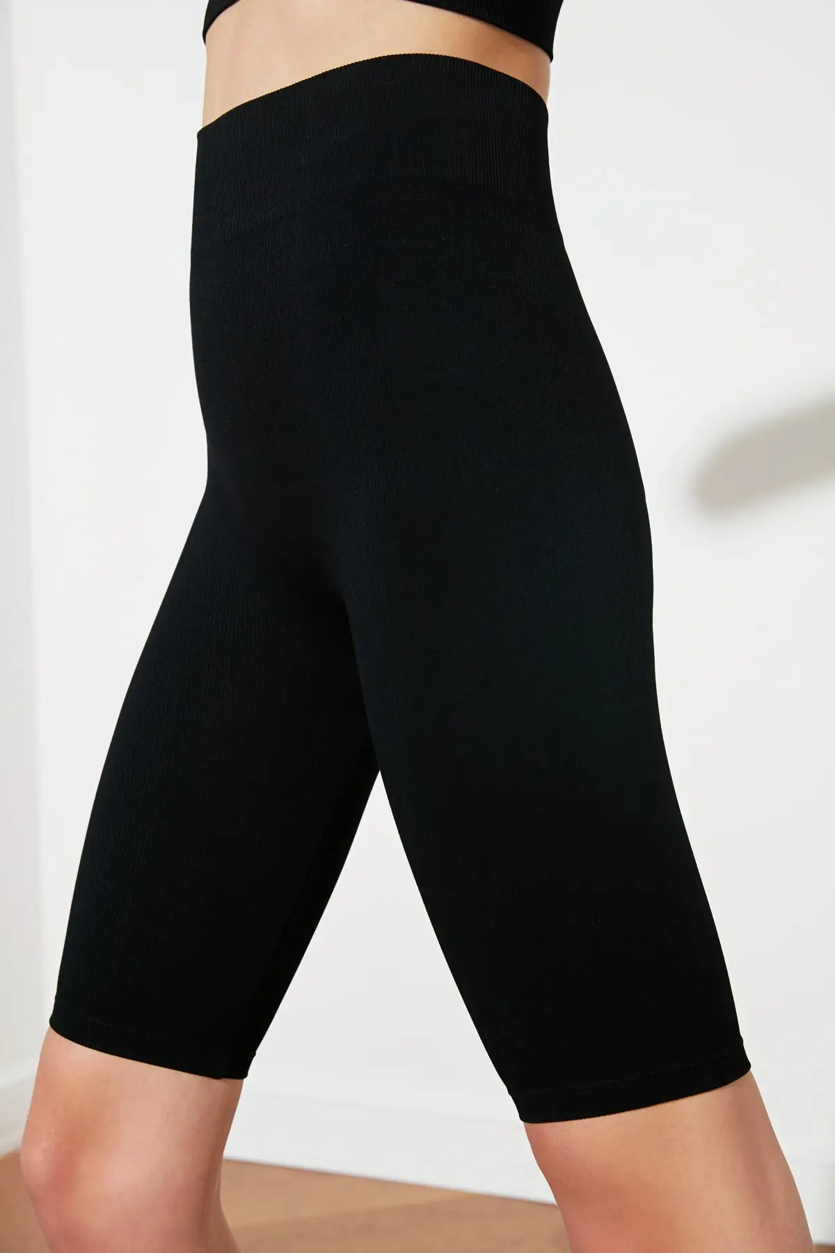 Turkish Textile Black Seamless Ribbed Biker Sports Leggings Turkey Production