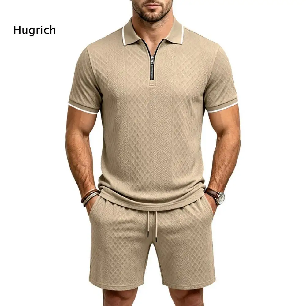 Textured Fabric Mens Matching Set Half Zip Polo Shirt With Contrast Trim And Drawstring Shorts For Daily Summer Occasions