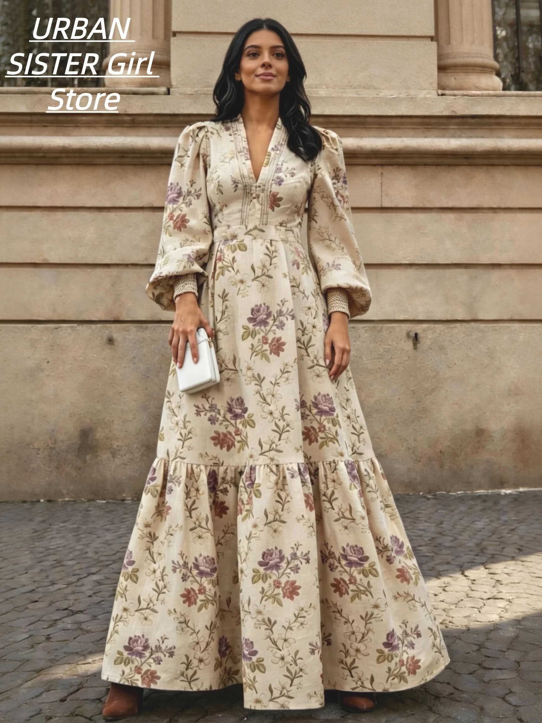 Vintage Floral Print V-Neck Puff Long Sleeve Dress with Elastic Cuffs, High Waist, Layered Ruffles, and a Long Design in a Pastoral Style for Vacation and Travel Photography