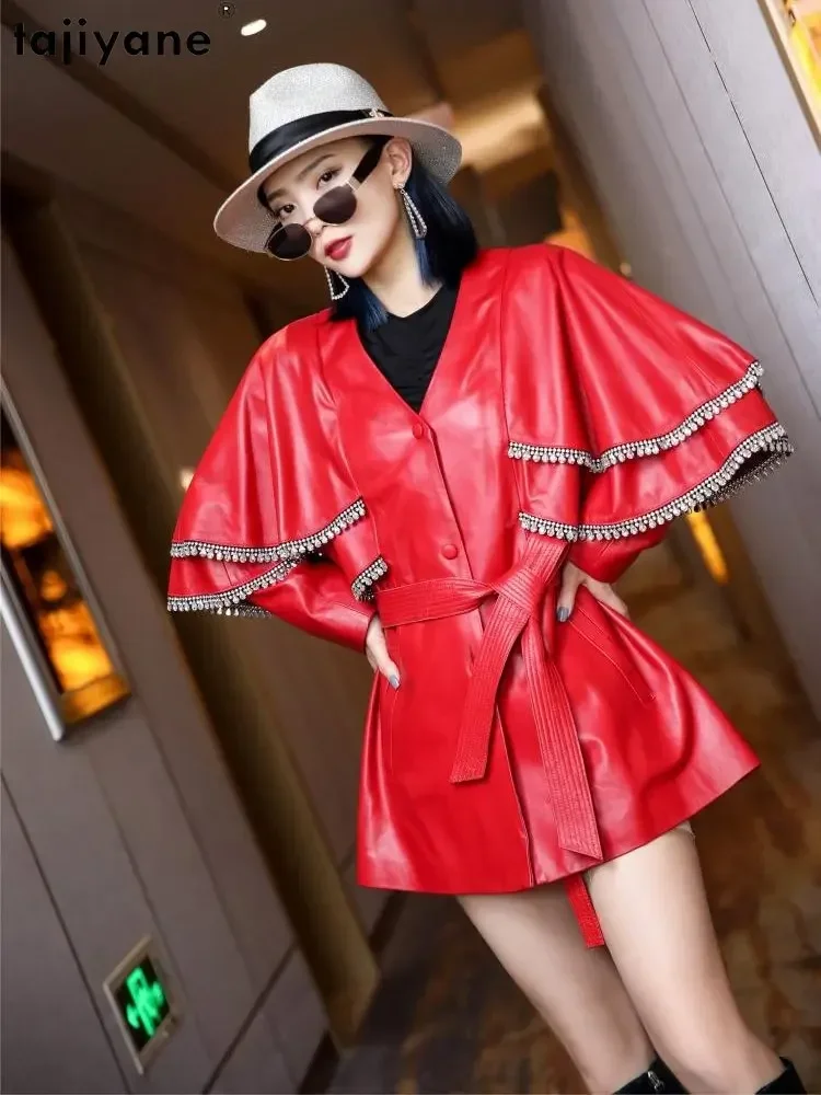 Tajiyane Genuine Sheepskin Leather Jacket for Women 23 Korean Fashion Leather Jackets Real Leather Coat V-neck Mid-length Coats