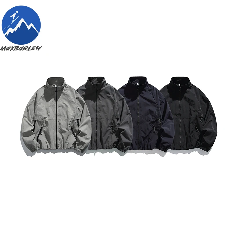 Maxbarley Men Jacket Outdoor Trekking Mesh Patchwork Breathable Stand Collar Jacket Men Autumn Loose Waterproof Durable Garment