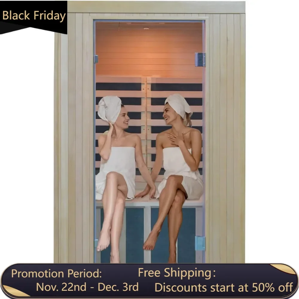 Home Infrared Sauna Room 2 Person Wooden Canadian Hemlock 1260W Low Magnetic Graphene Carbon Plate Heater Indoor Saunas