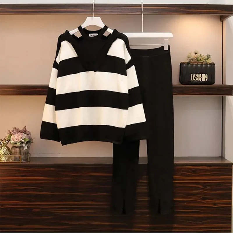 Spring and Autumn Set Women's 2023 New Korean Stripe Knitted Sweater Slim Leisure Pants Elegant Women's Two Piece Set