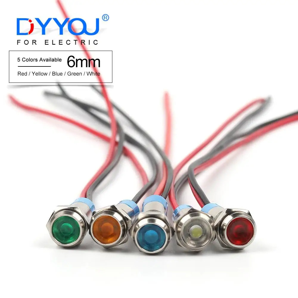 

6mm LED Waterproof Metal Indicator Light Signal Lamp With Wire 3V 6V 12V 24V 110V 220V Red/Yellow/Blue/ Green/White Metal button