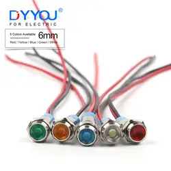 6mm LED Waterproof Metal Indicator Light Signal Lamp With Wire 3V 6V 12V 24V 110V 220V Red/Yellow/Blue/ Green/White Metal button