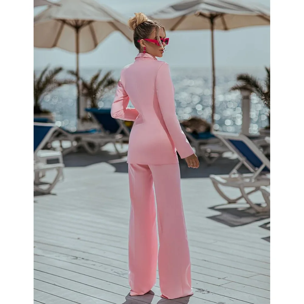 Pink Pants Sets 2 Piece Elegant Double Breasted Peak Lapel Outfit Casual Slim Daily Prom Party Women Suits (Jacket+Pants)