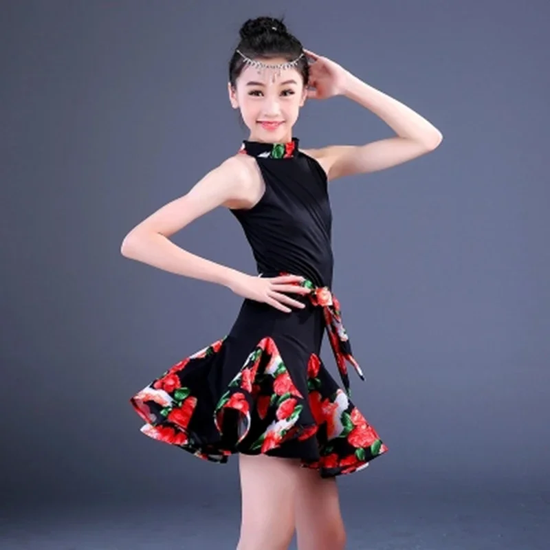 Robe de danse latine imprimée pour filles, jupe Salsa Rumba pour enfants et adolescents, justaucorps sans manches avec dentelle