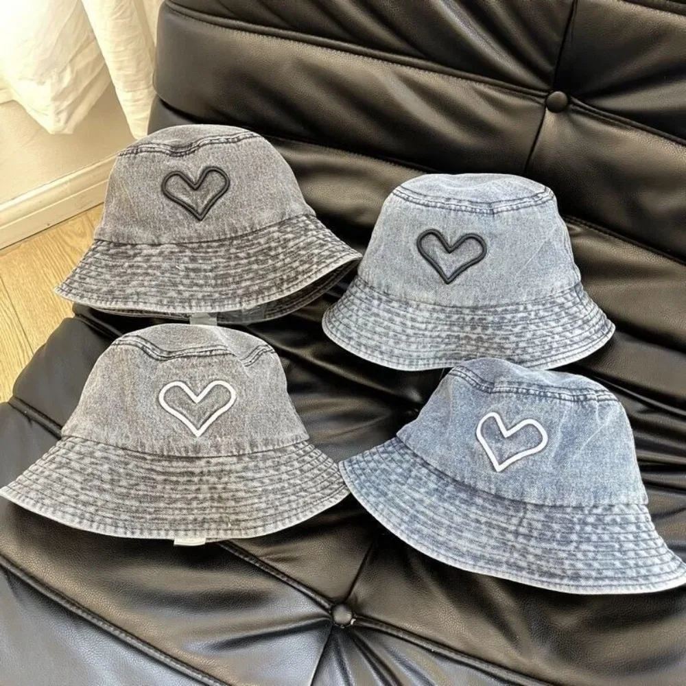 Big Brim Cowboy Fisherman Hat Sunshade Korean Style Love Heart Denim Bucket Hat Travel Climbing Covering Basin Hat Outdoor