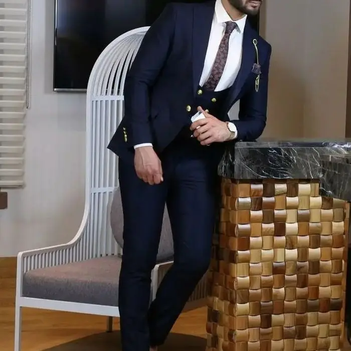 

Men 3 Piece Suit Blue Groom Wedding Party Wear Dinner Formal Slim Fit Coat Pants Conjunto Blazer E Calça Masculino