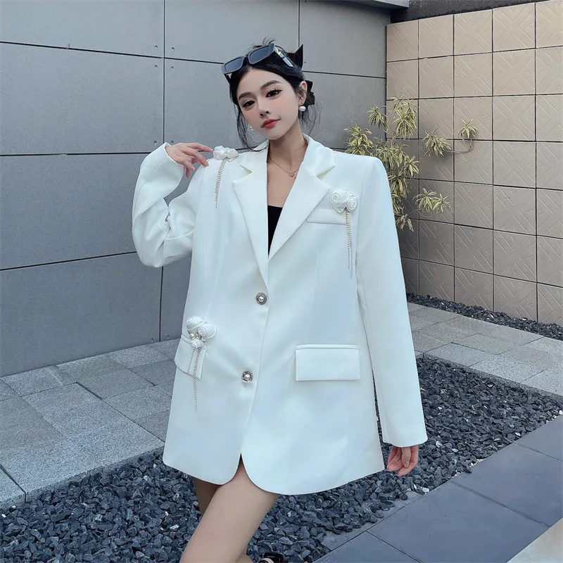 White Oversized Blazer Women 3D Stereoscopic Rose Flower Pearl Tassel Nail Bead Decor Long Sleeve Casual Suit Jacket Fashion Ele