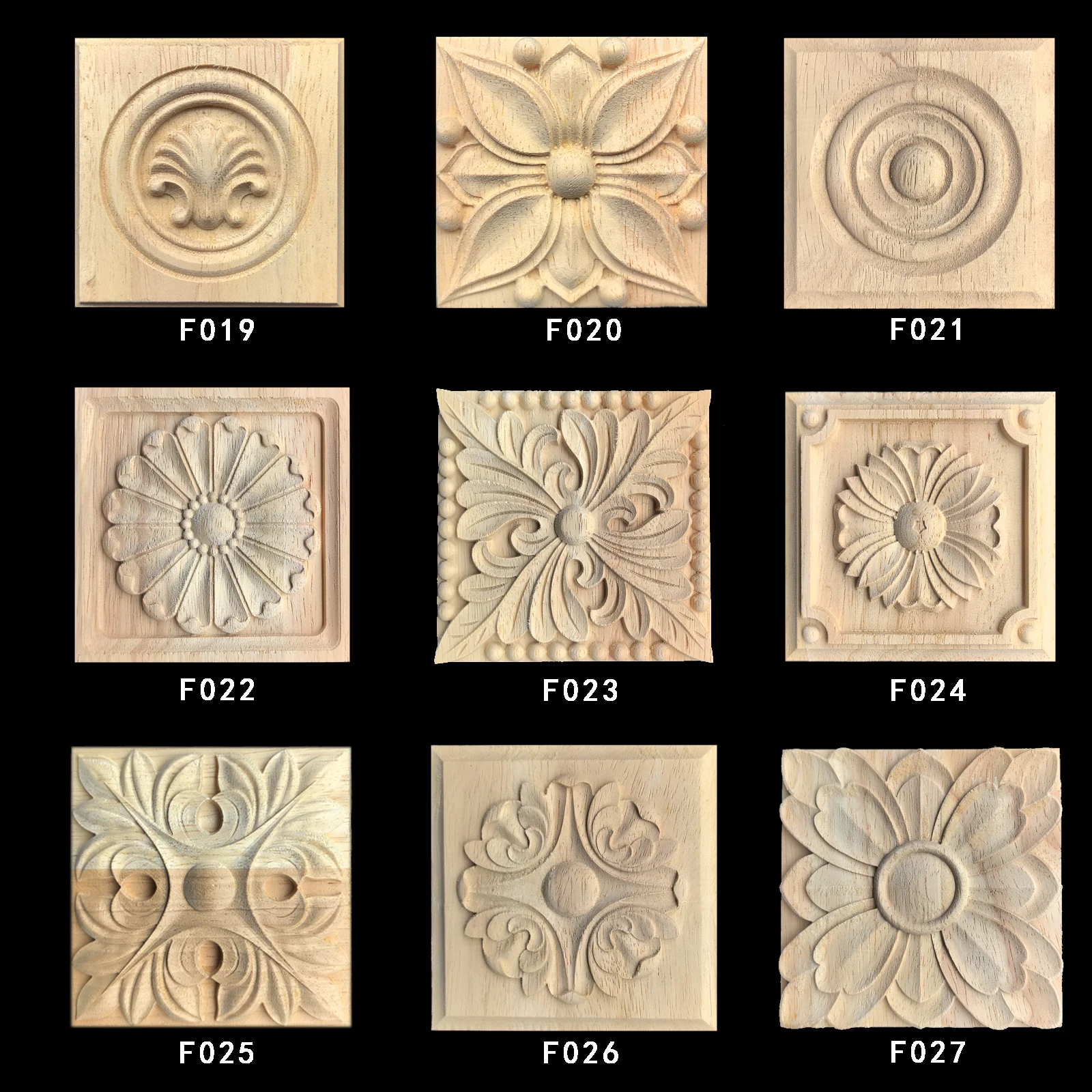 4PCS Wood Carving European-Style Solid Wood Applique Carved Small Square Cabinet Door and Background Wall Decoration