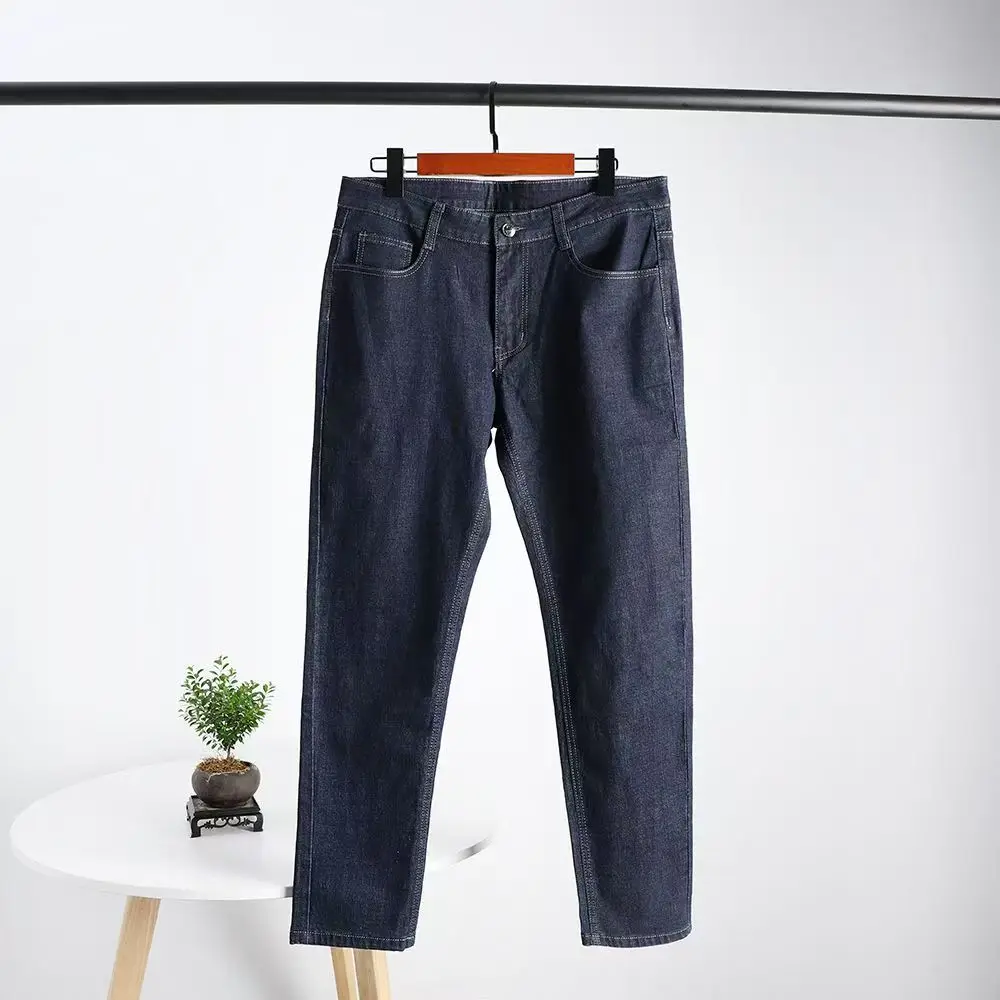 Classic Fleece Lined Men's Jeans Autumn Winter Slightly Thick Elastic Office Business Work Trousers Comfort Washed Denim Pants