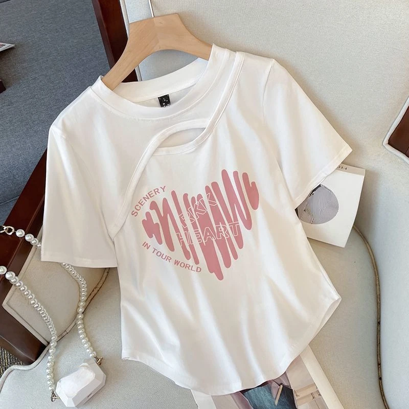 DAYIFUN Girls' Love Printing T-shirts Summer Korean Hip-pop Style Letter Printed Hollow Slim Tees Round Neck Short Seelve Blusas