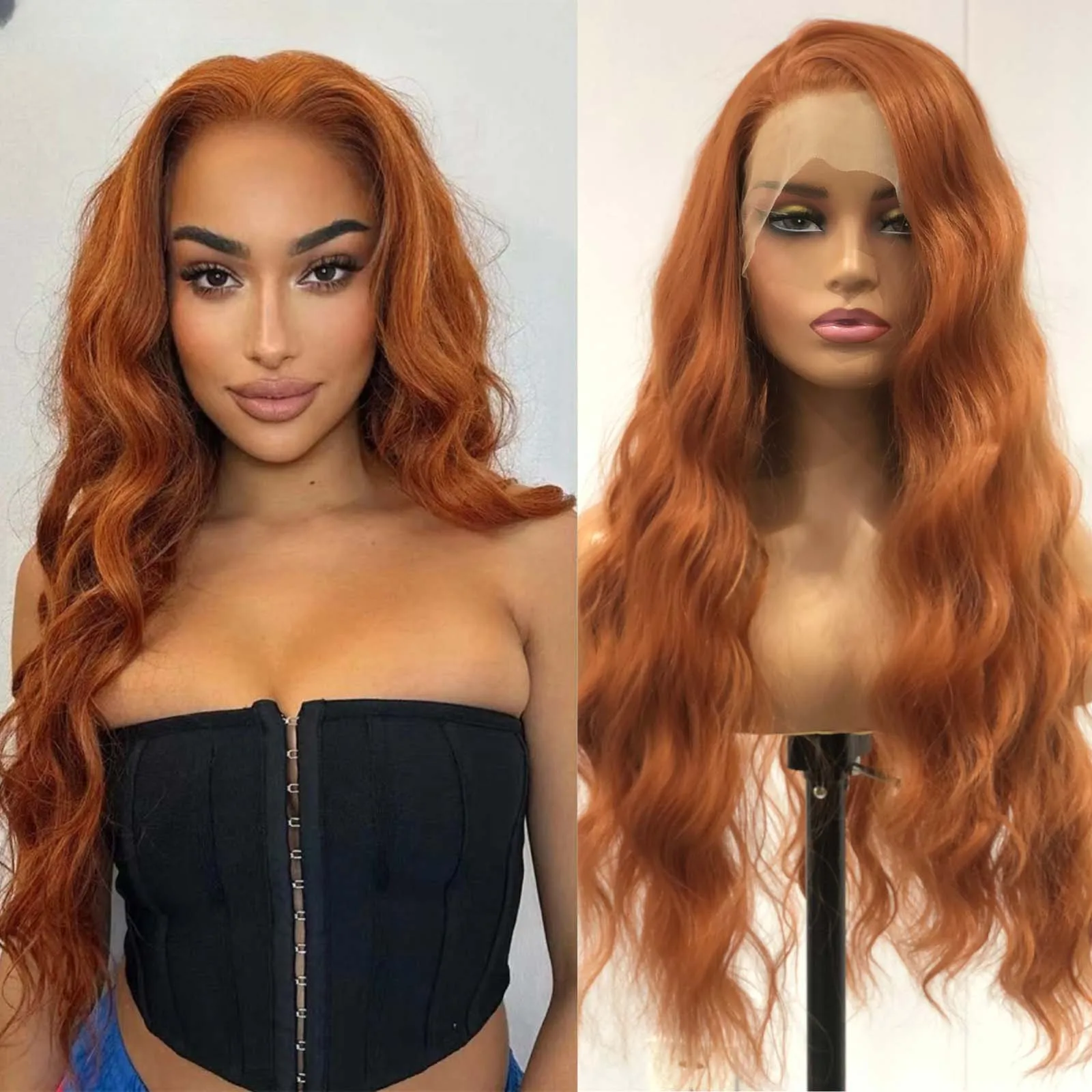 Long Curly Natural Wavy Synthetic Hair Ginger Orange Lace Front Wig Loose Deep Wave Brown Colored 13X4 Frontal Wigs for Women