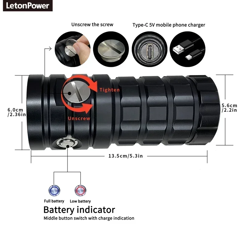 LetonPower Diving Flashlight 25000Lumens underwater flashlight 100m scuba dive light Type-C Charging underwater video light